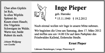 Anzeige  Inge Pieper  Lippische Landes-Zeitung