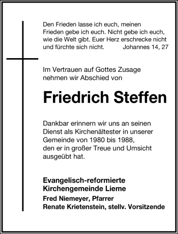 Anzeige  Friedrich Steffen  Lippische Landes-Zeitung