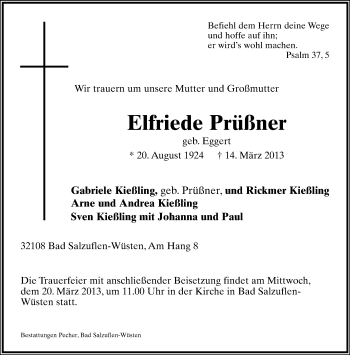 Anzeige  Elfriede Prüßner  Lippische Landes-Zeitung