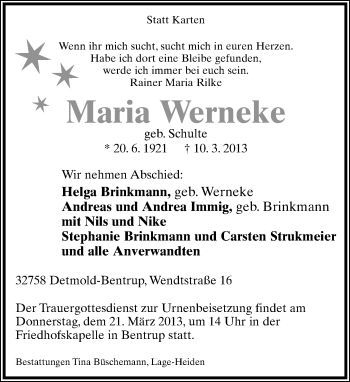 Anzeige  Maria Werneke  Lippische Landes-Zeitung