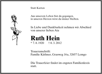 Anzeige  Ruth Hein  Lippische Landes-Zeitung