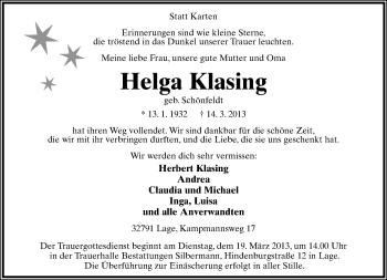 Anzeige  Helga Klasing  Lippische Landes-Zeitung
