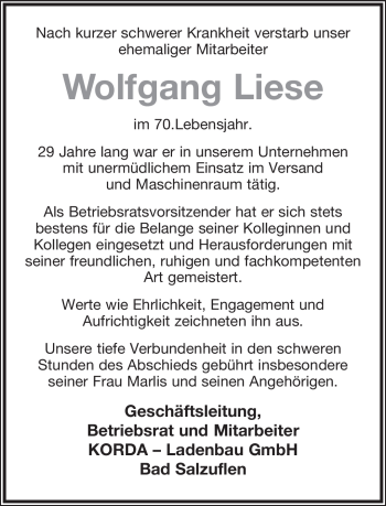 Anzeige  Wolfgang Liese  Lippische Landes-Zeitung