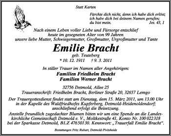 Anzeige  Emilie Bracht  Lippische Landes-Zeitung