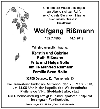 Anzeige  Wolfgang Rißmann  Lippische Landes-Zeitung