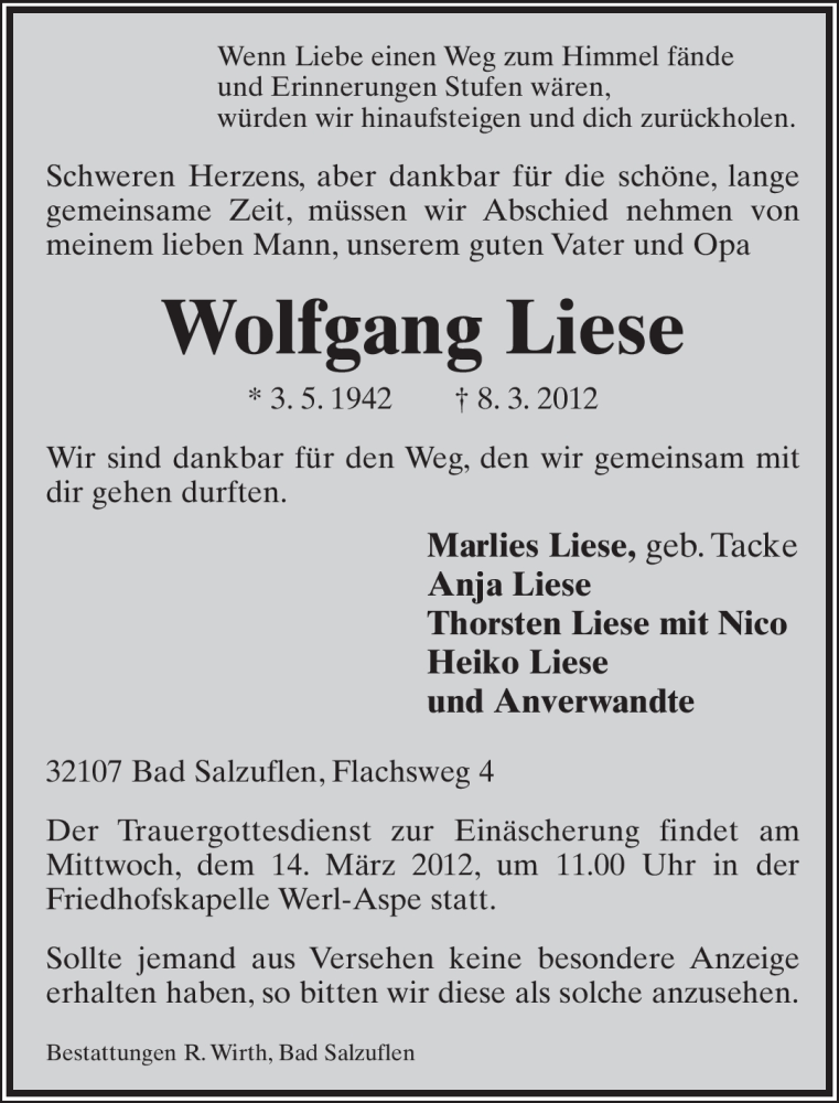  Traueranzeige für Wolfgang Liese vom 10.03.2012 aus Lippische Landes-Zeitung