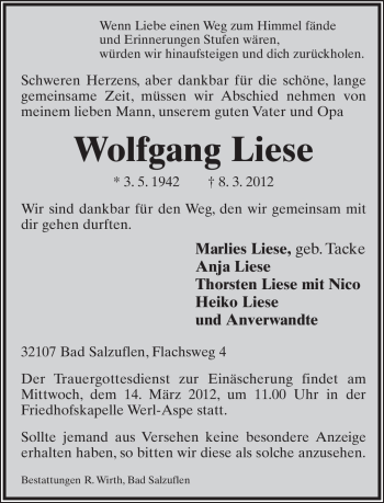 Anzeige  Wolfgang Liese  Lippische Landes-Zeitung