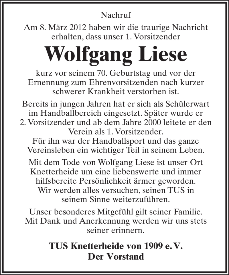  Traueranzeige für Wolfgang Liese vom 10.03.2012 aus Lippische Landes-Zeitung