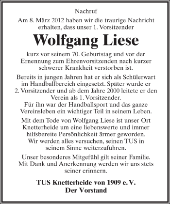 Anzeige  Wolfgang Liese  Lippische Landes-Zeitung
