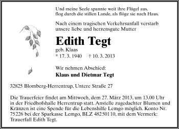 Anzeige  Edith Tegt  Lippische Landes-Zeitung