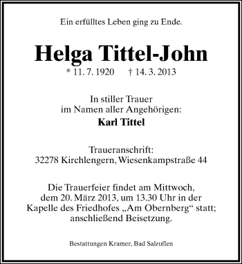Anzeige  Helga Tittel-John  Lippische Landes-Zeitung