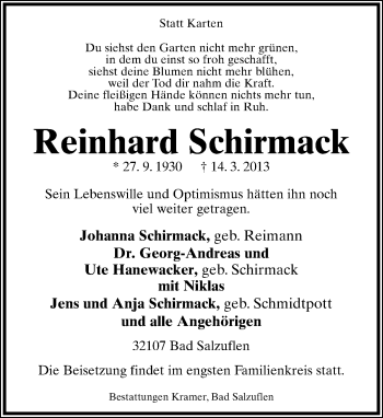Anzeige  Reinhard Schirmack  Lippische Landes-Zeitung