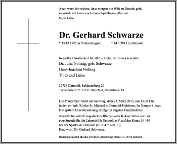 Anzeige  Gerhard Schwarze  Lippische Landes-Zeitung