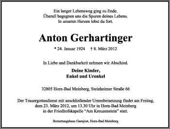 Anzeige  Anton Gerhartinger  Lippische Landes-Zeitung