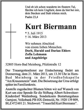 Anzeige  Kurt Biermann  Lippische Landes-Zeitung