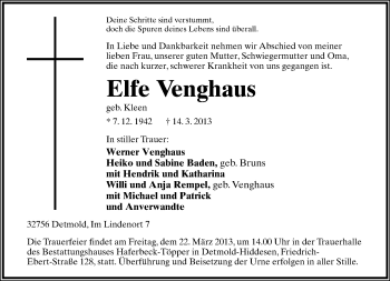 Anzeige  Elfe Venghaus  Lippische Landes-Zeitung