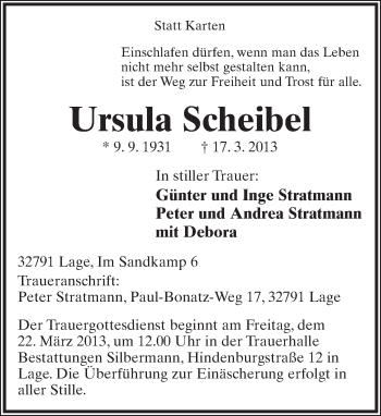 Anzeige  Ursula Scheibel  Lippische Landes-Zeitung