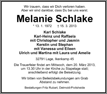 Anzeige  Melanie Schlake  Lippische Landes-Zeitung