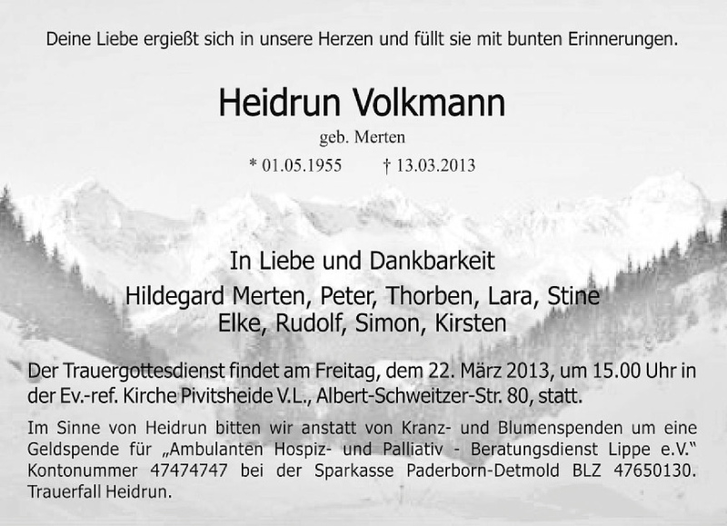  Traueranzeige für Heidrun Volkmann vom 18.03.2013 aus Lippische Landes-Zeitung