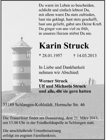 Anzeige  Karin Struck  Lippische Landes-Zeitung