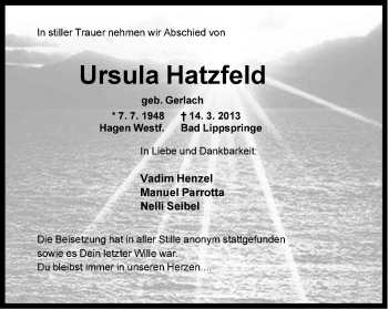 Anzeige  Ursula Hatzfeld  Lippische Landes-Zeitung