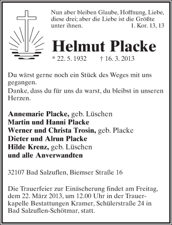 Anzeige  Helmut Placke  Lippische Landes-Zeitung