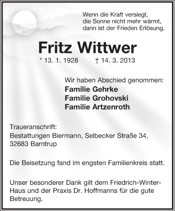 Anzeige  Fritz Wittwer  Lippische Landes-Zeitung
