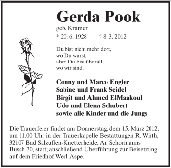 Anzeige  Gerda Pook  Lippische Landes-Zeitung