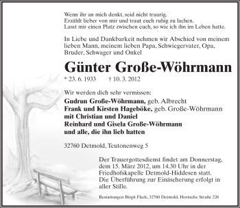 Anzeige  Günter Große-Wöhrmann  Lippische Landes-Zeitung