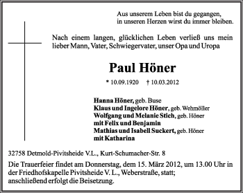Anzeige  Paul Höner  Lippische Landes-Zeitung