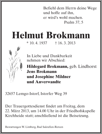 Anzeige  Helmut Brokmann  Lippische Landes-Zeitung