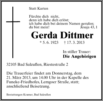 Anzeige  Gerda Dittmer  Lippische Landes-Zeitung