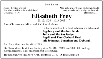 Anzeige  Elisabeth Frey  Lippische Landes-Zeitung