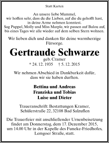 Anzeige  Gertraude Schwarze  Lippische Landes-Zeitung