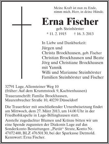 Anzeige  Erna Fischer  Lippische Landes-Zeitung