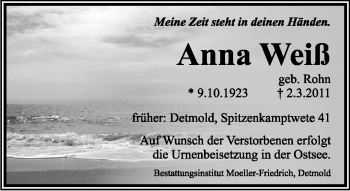 Anzeige  Anna Weiß  Lippische Landes-Zeitung