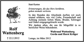Anzeige  Rolf Wattenberg  Lippische Landes-Zeitung