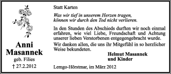 Anzeige  Anni Masannek  Lippische Landes-Zeitung