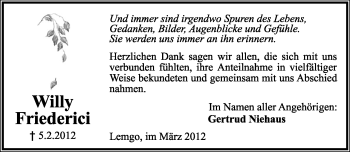 Anzeige  Willy Friederici  Lippische Landes-Zeitung