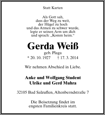 Anzeige  Gerda Weiß  Lippische Landes-Zeitung
