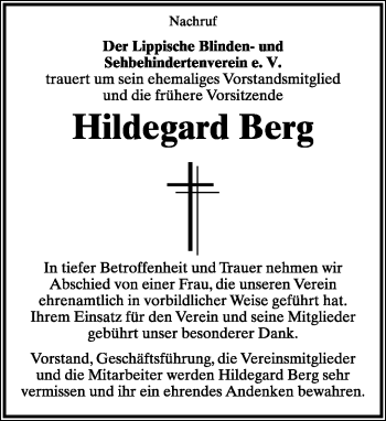 Anzeige  Hildegard Berg  Lippische Landes-Zeitung