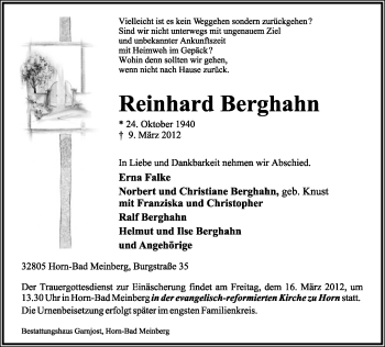 Anzeige  Reinhard Berghahn  Lippische Landes-Zeitung