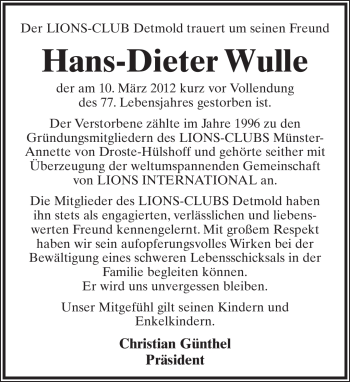Anzeige  Hans-Dieter Wulle  Lippische Landes-Zeitung