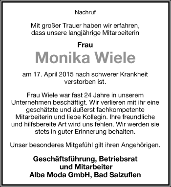 Anzeige  Monika Wiele  Lippische Landes-Zeitung
