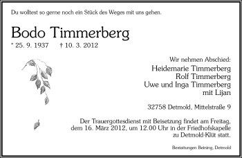 Anzeige  Bodo Timmerberg  Lippische Landes-Zeitung