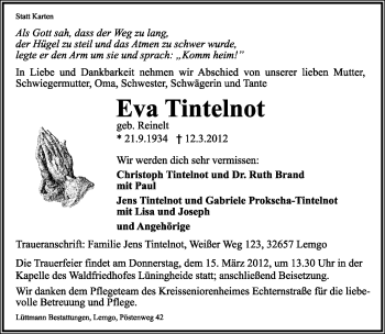Anzeige  Eva Tintelnot  Lippische Landes-Zeitung