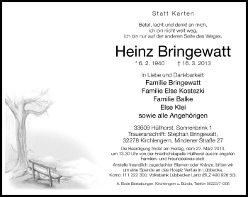 Anzeige  Heinz Bringewatt  Lippische Landes-Zeitung