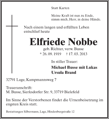 Anzeige  Elfriede Nobbe  Lippische Landes-Zeitung