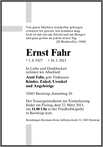 Anzeige  Ernst Fahr  Lippische Landes-Zeitung
