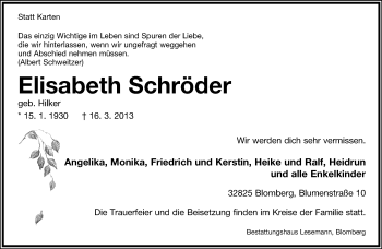 Anzeige  Elisabeth Schröder  Lippische Landes-Zeitung